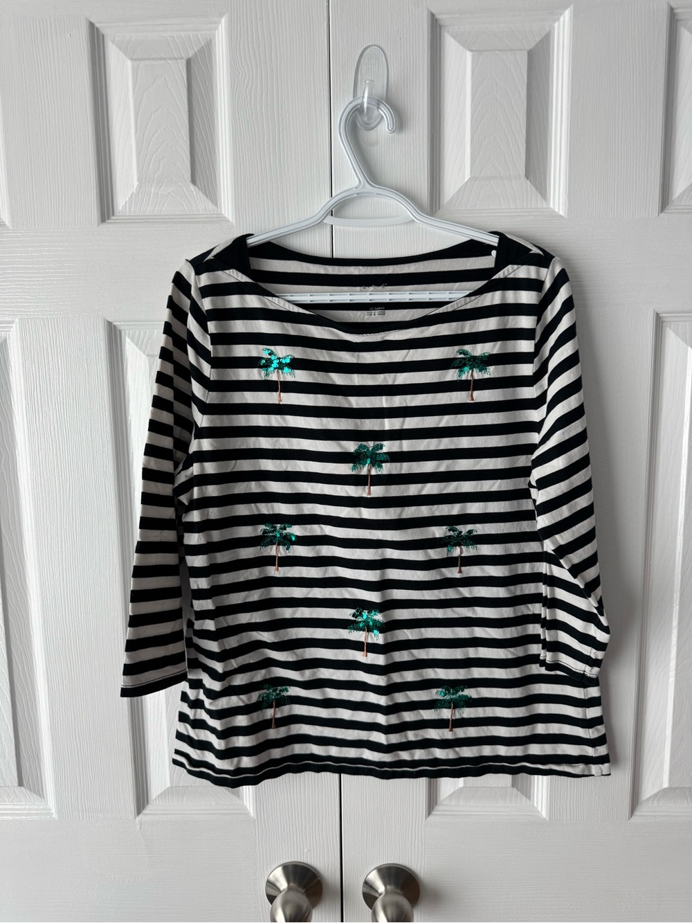 A New Day Blouse Black White Stripes Sequin Embroidered Palm Tree XXL